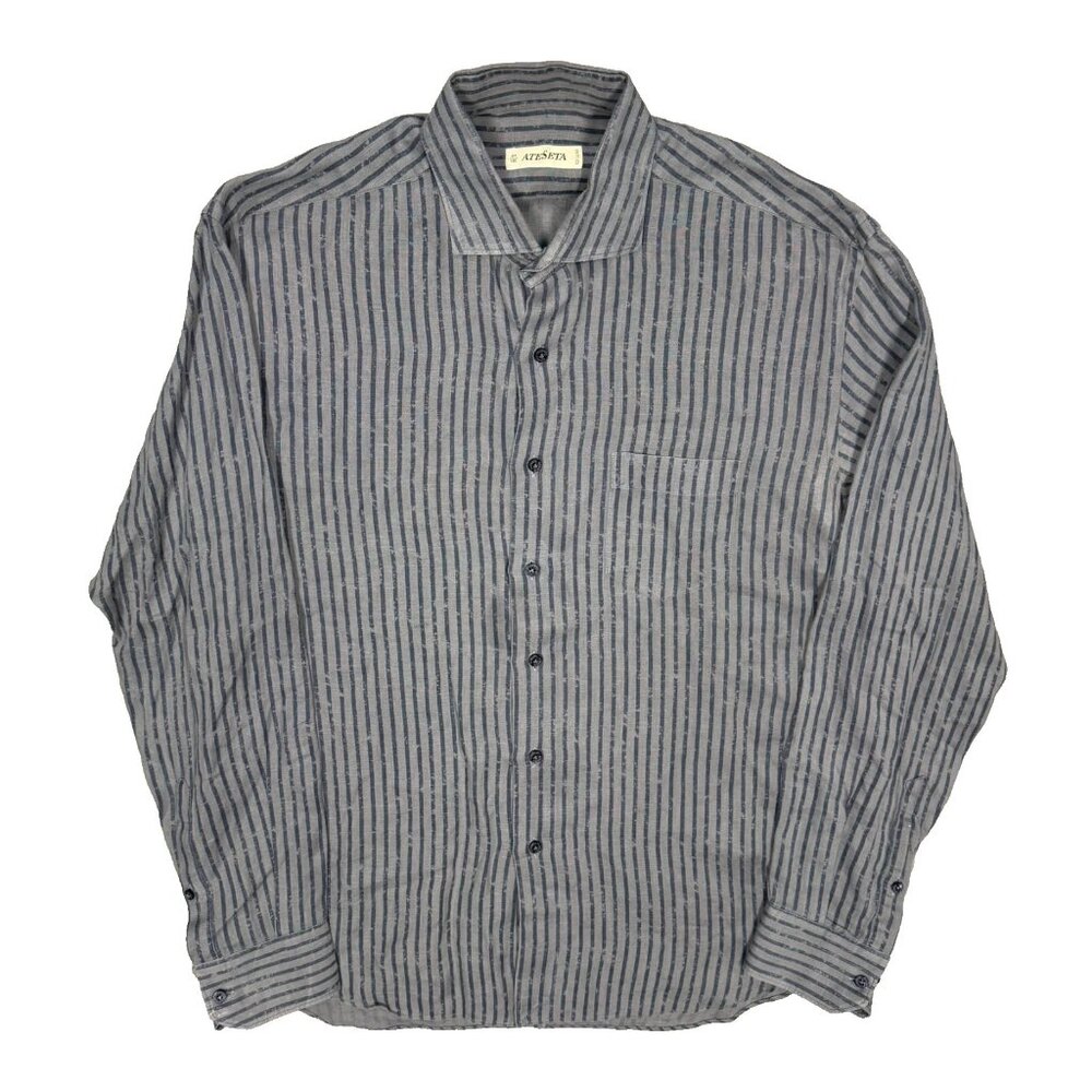 AteSeta 100% Linen Dress Shirt Striped Long Sleeve Blue 41 16 Large